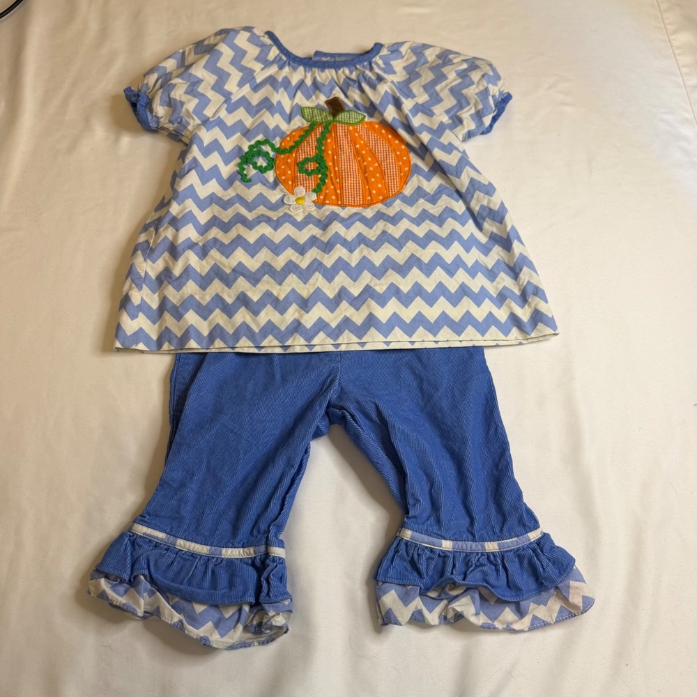 Zu Blue Chevron Pumpkin Applique Tunic and Corduroy Ruffle Pants Set 6 Months